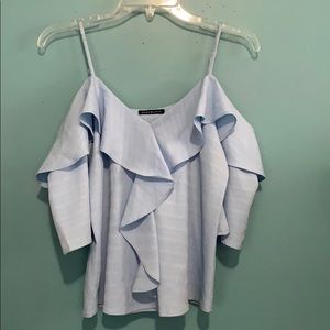 Light blue cold shoulder ruffle tank